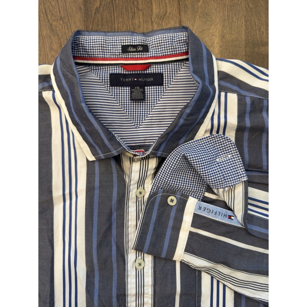 VINTAGE Tommy Hilfiger Slim Fit Shirt Mens‎ Size 2XL Blue Striped Button Up 90s